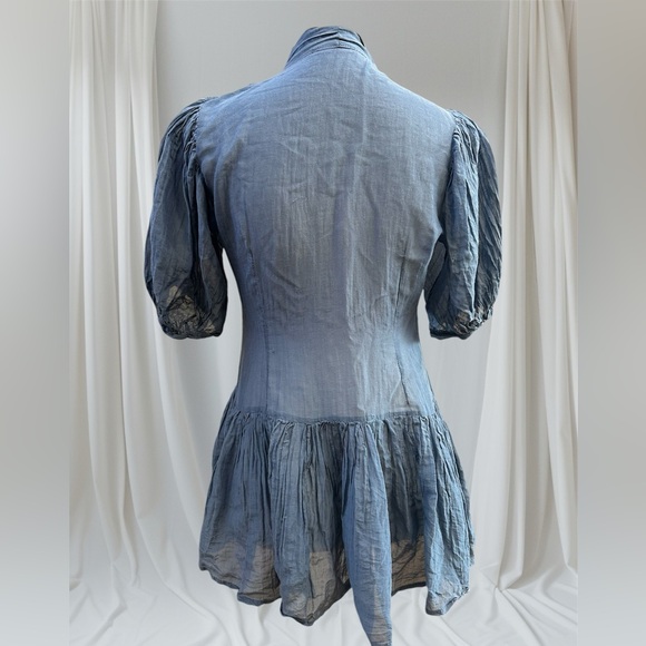 TFNC sz XSM lightweight blouse puff sleeves gauze light blue pleated skirt hem - Picture 3 of 9